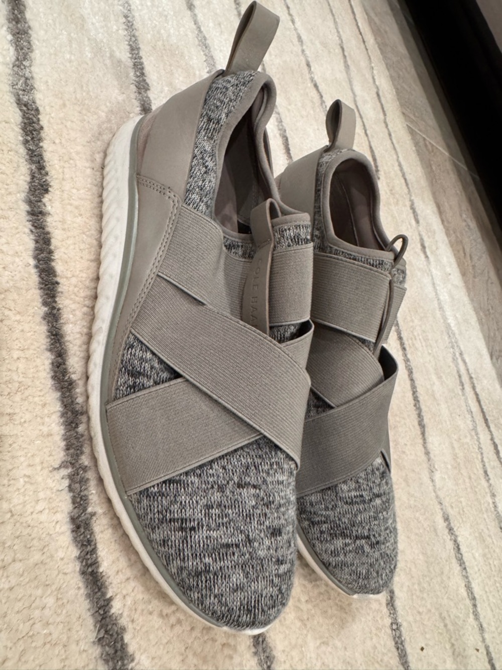 Cole Haan Gray Knit Slip-On Sneakers with Cross Straps - Picture 1 of 5